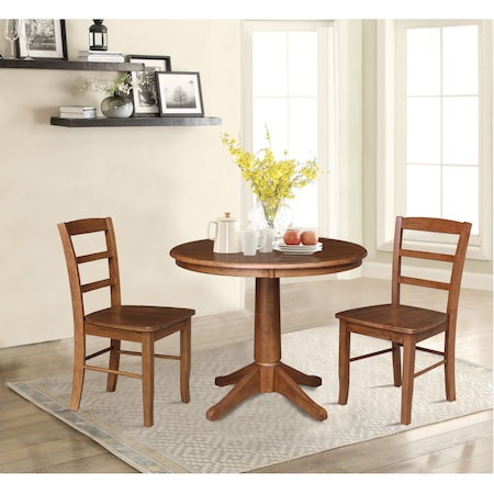 International Concepts 36 in. Round Top Pedestal Dining Table with 2 Madrid LadderBack Chairs - 3 Piece Dining Set K42-36RT-27B-C2-2